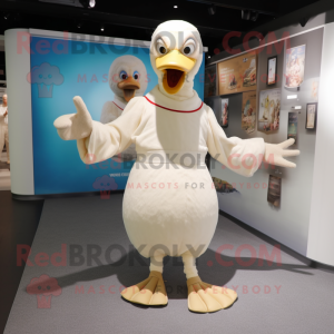 Beige Swan mascot costume character dressed with a Henley Tee and Foot pads