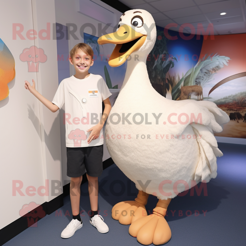 Beige Swan mascot costume character dressed with a Henley Tee and Foot pads