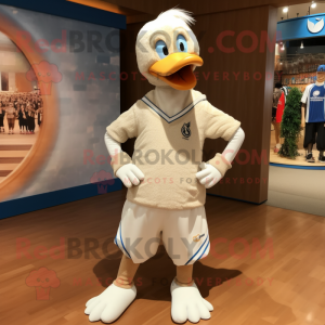 Beige Swan mascot costume character dressed with a Henley Tee and Foot pads