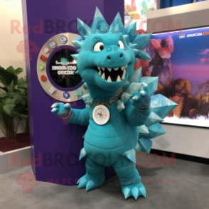 Turquoise Stegosaurus mascot costume character dressed with a Dress Pants and Bracelet watches