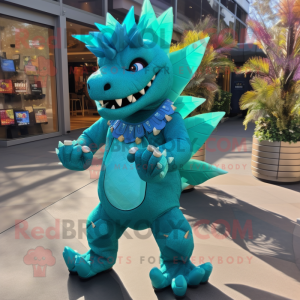Turquoise Stegosaurus mascot costume character dressed with a Dress Pants and Bracelet watches