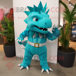 Turquoise Stegosaurus mascot costume character dressed with a Dress Pants and Bracelet watches