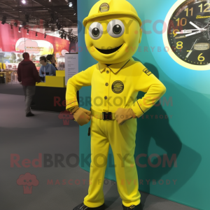 Lemon Yellow Wrist Watch mascot costume character dressed with a Jumpsuit and Lapel pins