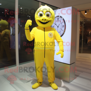 Lemon Yellow Wrist Watch mascot costume character dressed with a Jumpsuit and Lapel pins