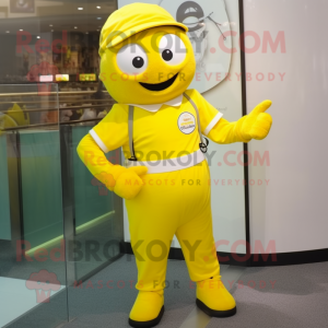 Lemon Yellow Wrist Watch mascot costume character dressed with a Jumpsuit and Lapel pins