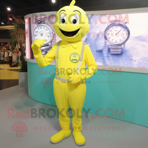 Lemon Yellow Wrist Watch mascot costume character dressed with a Jumpsuit and Lapel pins