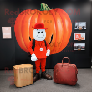 Red Pumpkin mascot costume character dressed with a Henley Tee and Briefcases