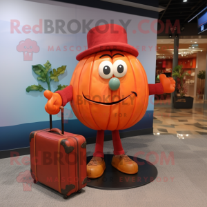 Red Pumpkin mascot costume character dressed with a Henley Tee and Briefcases