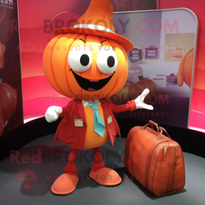 Red Pumpkin mascot costume character dressed with a Henley Tee and Briefcases