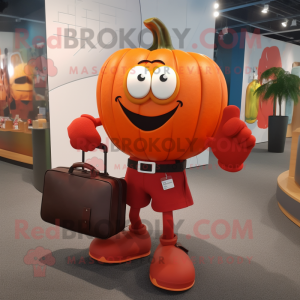 Red Pumpkin mascot costume character dressed with a Henley Tee and Briefcases