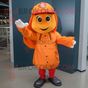 Orange Baseball Glove mascot costume character dressed with a Raincoat and Beanies