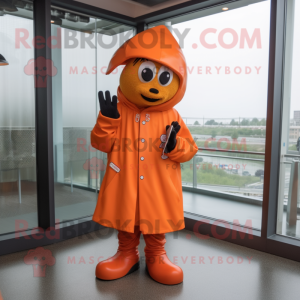 Orange Baseball Glove mascot costume character dressed with a Raincoat and Beanies