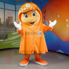 Orange Baseball Glove mascot costume character dressed with a Raincoat and Beanies