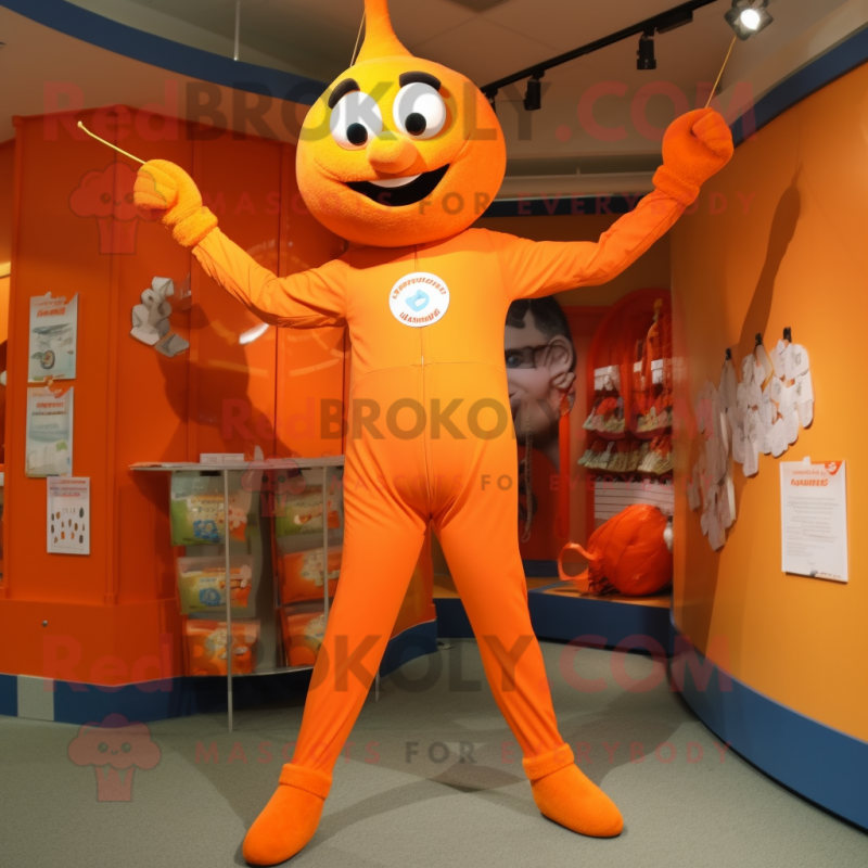 Orange Trapeze Artist mascot costume character dressed with a Romper and Shoe clips