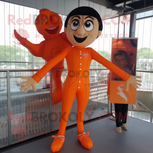 Orange Trapeze Artist mascot costume character dressed with a Romper and Shoe clips