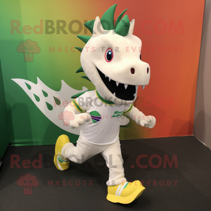 White Stegosaurus mascot costume character dressed with a Running Shorts and Shoe clips