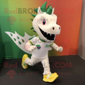 White Stegosaurus mascot costume character dressed with a Running Shorts and Shoe clips