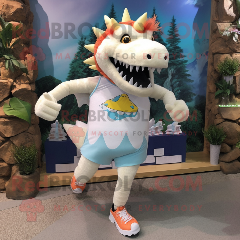 White Stegosaurus mascot costume character dressed with a Running Shorts and Shoe clips White Stegosaurus mascot costume character dressed with a Running Shorts and Shoe clips