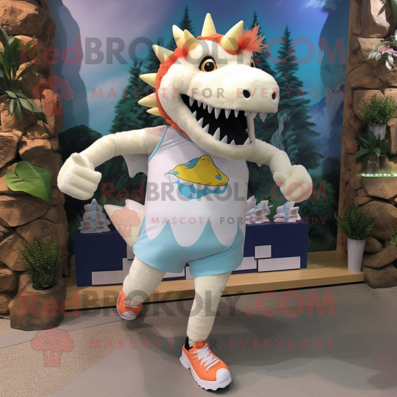 White Stegosaurus mascot costume character dressed with a Running Shorts and Shoe clips