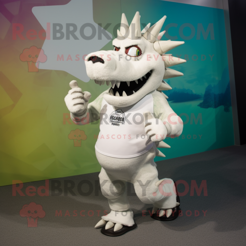 White Stegosaurus mascot costume character dressed with a Running Shorts and Shoe clips