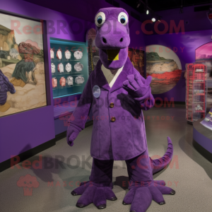 Purple Loch Ness Monster mascot costume character dressed with a Coat and Lapel pins