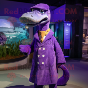 Purple Loch Ness Monster mascot costume character dressed with a Coat and Lapel pins