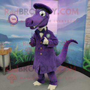 Purple Loch Ness Monster mascot costume character dressed with a Coat and Lapel pins