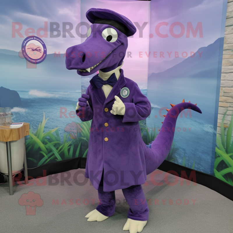 Purple Loch Ness Monster mascot costume character dressed with a Coat and Lapel pins