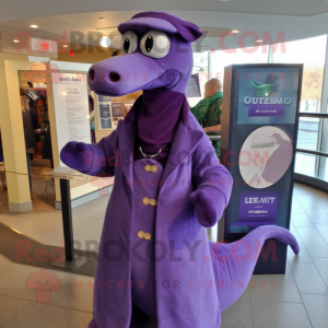 Purple Loch Ness Monster mascot costume character dressed with a Coat and Lapel pins