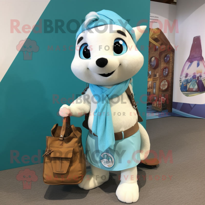 Turquoise Ermine mascot costume character dressed with a Blouse and Messenger bags