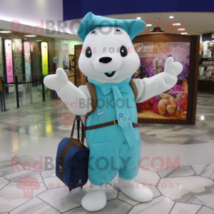 Turquoise Ermine mascot costume character dressed with a Blouse and Messenger bags