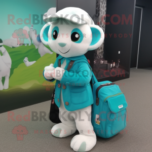 Turquoise Ermine mascot costume character dressed with a Blouse and Messenger bags