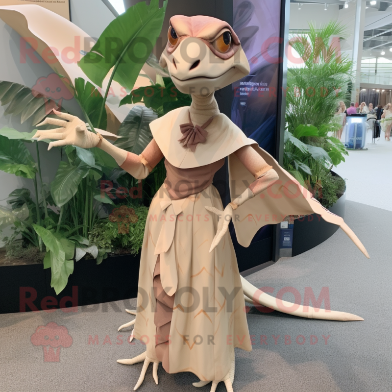 Tan Dimorphodon mascot costume character dressed with a Wrap Dress and Anklets