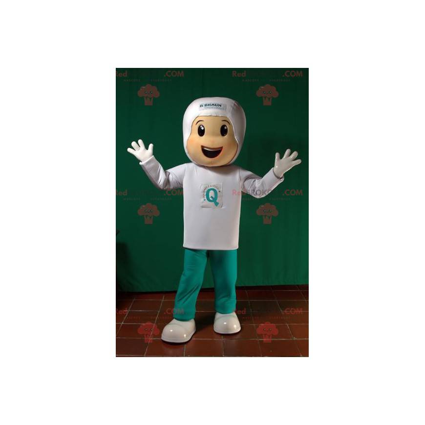 Mascote do menino vestido de branco e verde. Mascote futurista