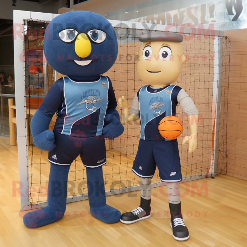 Navy Volleyball Net mascot costume character dressed with a Boyfriend Jeans and Clutch bags