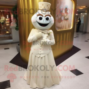 Beige Hourglass mascot costume character dressed with a Wedding Dress and Brooches