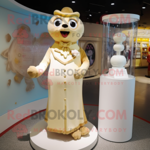 Beige Hourglass mascot costume character dressed with a Wedding Dress and Brooches