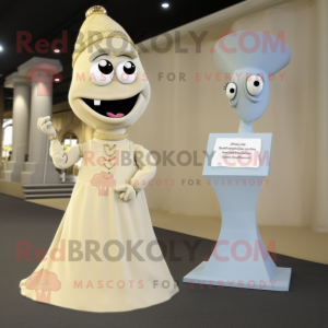 Beige Hourglass mascot costume character dressed with a Wedding Dress and Brooches