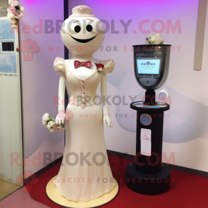 Beige Hourglass mascot costume character dressed with a Wedding Dress and Brooches