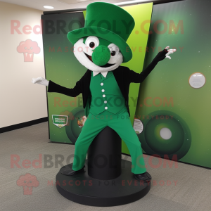 Forest Green Contortionist mascot costume character dressed with a Jacket and Hat pins