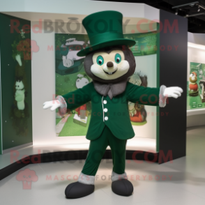 Forest Green Contortionist mascot costume character dressed with a Jacket and Hat pins
