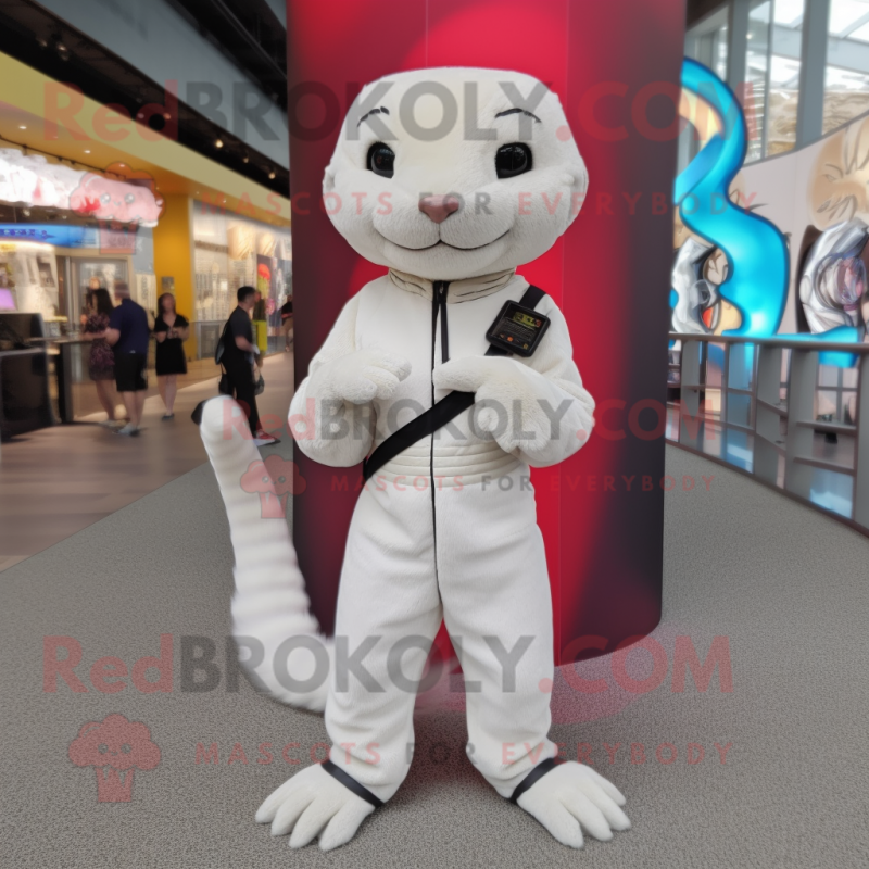 White Mongoose mascot costume character dressed with a Rash Guard and Shoe laces White Mongoose mascot costume character dressed with a Rash Guard and Shoe laces