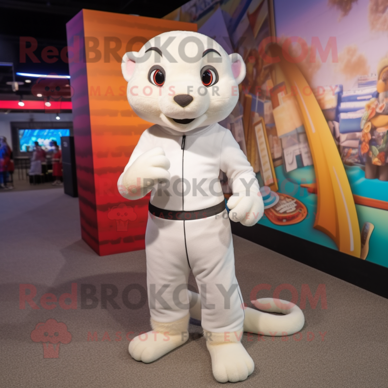 White Mongoose mascot costume character dressed with a Rash Guard and Shoe laces