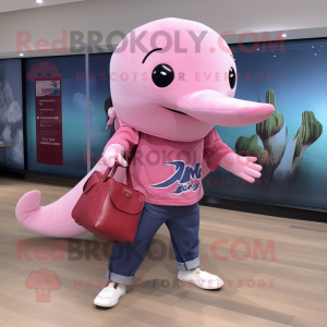 Pink Humpback Whale mascot costume character dressed with a Flare Jeans and Messenger bags