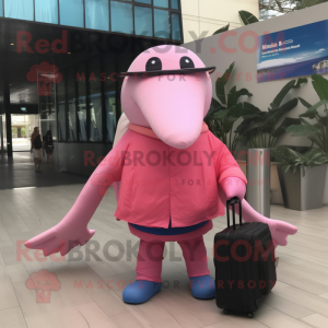 Pink Humpback Whale mascot costume character dressed with a Flare Jeans and Messenger bags