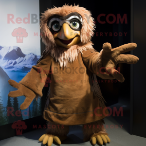 Brown Harpy mascot costume character dressed with a Parka and Mittens