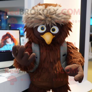 Brown Harpy mascot costume character dressed with a Parka and Mittens