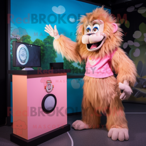 Peach Baboon mascot costume character dressed with a Skirt and Watches