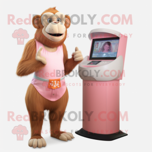Peach Baboon mascot costume character dressed with a Skirt and Watches