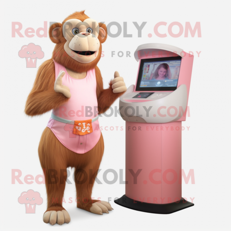 Peach Baboon mascot costume character dressed with a Skirt and Watches Peach Baboon mascot costume character dressed with a Skirt and Watches